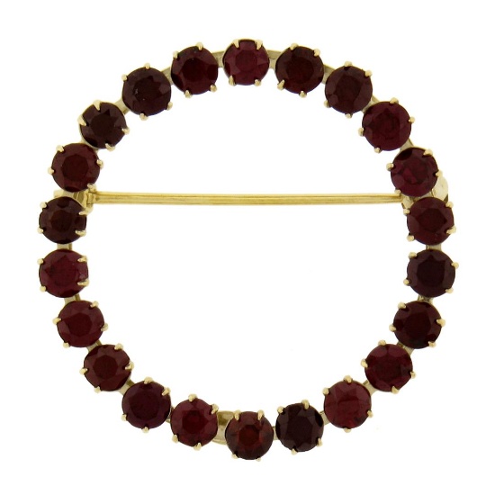 Vintage Retro 14k Yellow Gold 3.3 ctw Round Prong Set Garnet Wreath Circle Brooc