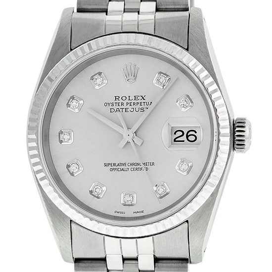 Rolex 36MM Stainless Steel Silver Diamond Datejust Wristwatch