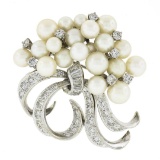 Vintage 14K White Gold 1.90 ctw Diamond & FINE Pearl Cluster Ribbon Brooch Penda