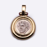 18K Yellow Gold Pendant With Rubies & Ancient Silver Greek Coin