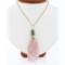 14k Gold GIA Large Floral Carved Rose Quartz w/ Green Tourmaline Pendant & Chain