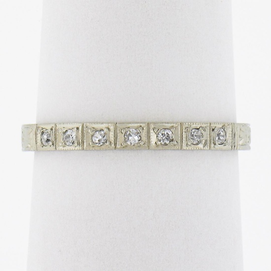 Antique 18K White Gold .08 ctw Pave Diamond Engraved Scroll Work Stack Band Ring