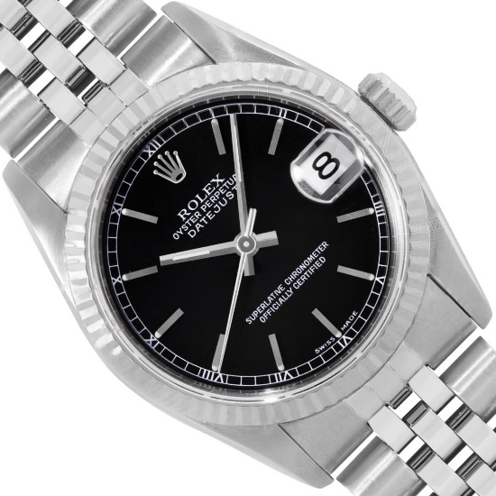 Rolex Ladies Stainless Steel Midsize 31MM Black Index 18K Gold Fluted Bezel Date