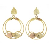 10k Two Tone Gold Etched Textured Grape Leaf Open Circle Drop Dangle Earrings