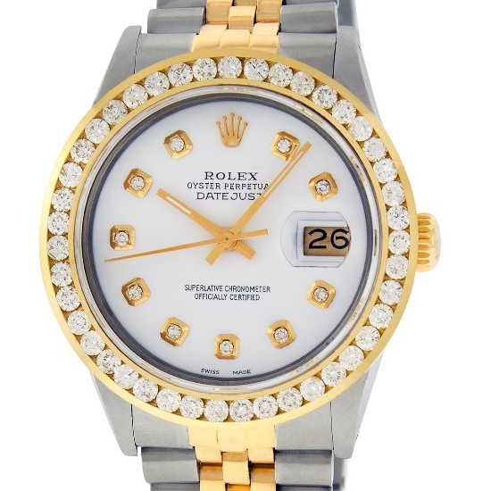 Rolex Mens Two Tone White Diamond 3 ctw Channel Set Datejust Wristwatch 36MM