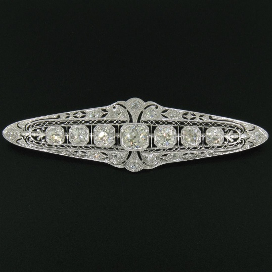 Art Deco Platinum 6.00 ctw Old European and Mine Cut Diamond Filigree Brooch