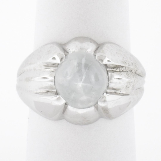Unisex Vintage 14K Gold 5.40 ctw Oval Cabochon White Star Sapphire Domed Wide Ri