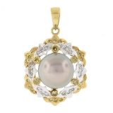 18k TT Gold 11mm Gray Tahitian Pearl w/ 0.66 ctw White & Yellow Diamond Pendant