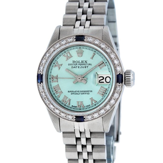 Rolex Ladies Stainless Steel Quickset Blue Diamond And Sapphire Datejust Wristwa