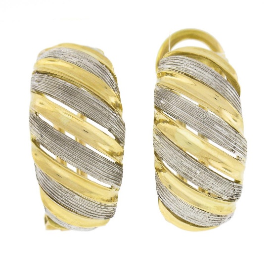 Italian 18k TT Gold Large Wide 11.2mm Textured Domed Omega Back Cuff Earrings