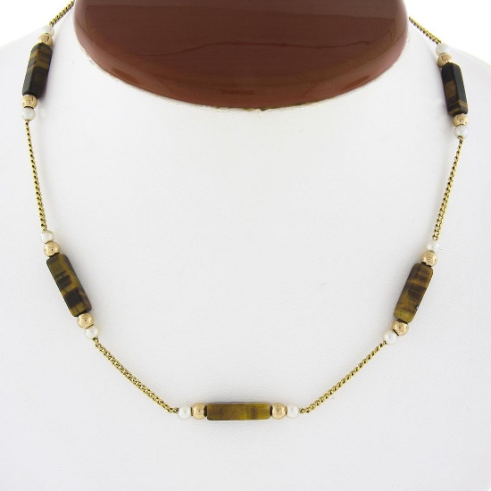Vintage 10k Gold 14.8mm Bar Tigers Eye W/ Pearl & Gold Bead Ball Chain Necklace