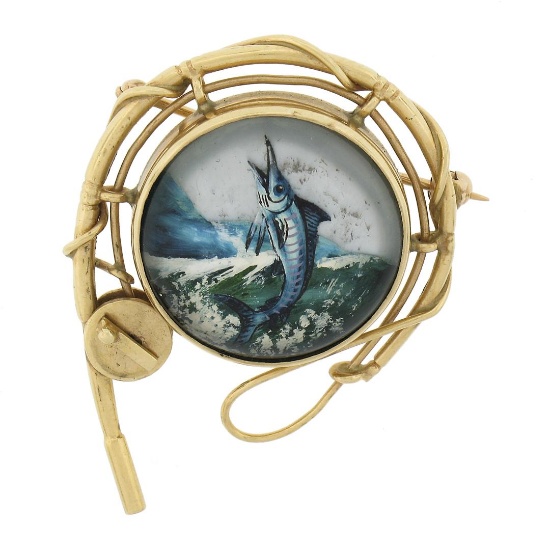 14k Gold Reverse Painted Marlin Fish Intaglio w/ Fishing Pole Frame Pin Brooch