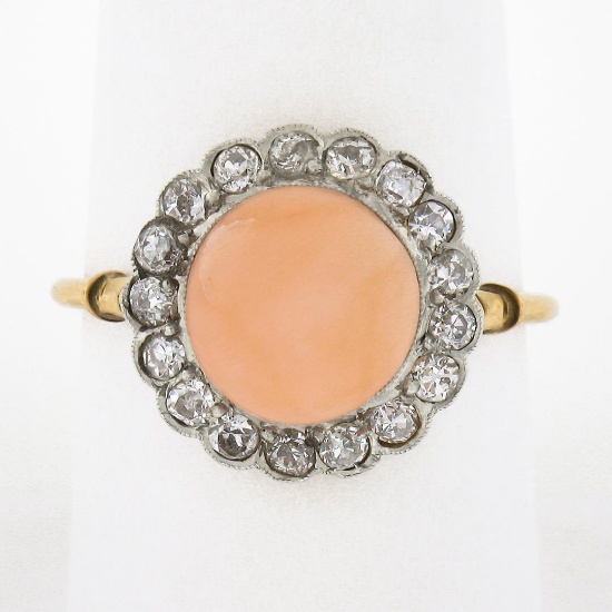 Antique Edwardian 18K Gold Platinum Button Angel Skin Coral w/ Diamond Halo Ring