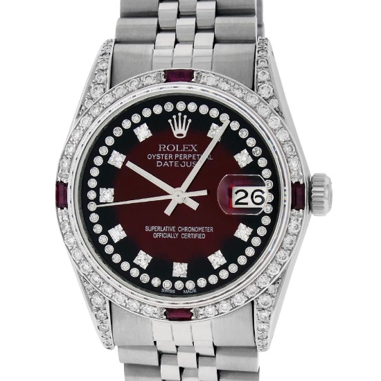 Rolex Mens Stainless Steel Diamond Lugs Red Vignette And Ruby Datejust Wristwatc
