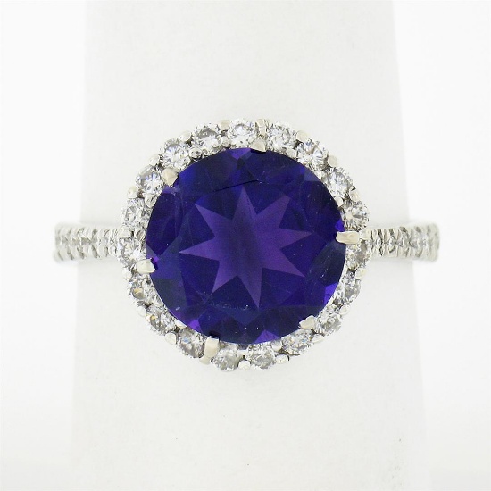 14K White Gold 4.1 ctw Royal Purple Amethyst Solitaire w/ Round Diamond Halo Rin
