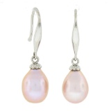 Classic Simple 14k White Gold Cultured Pink Pearl Tear Drop Dangle Earrings