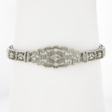 Antique Art Deco 14k White Gold 0.40 ctw Bezel Diamond Belly Filigree Bracelet