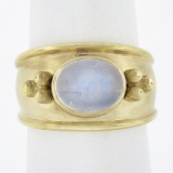 Maz 14k Yellow Gold Oval Moonstone Matte Finish Cigar Band Ring w/ Bead Work