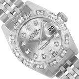 Rolex Ladies Stainless Steel Quickset Sapphire Silver Pyramid Diamond Datejust H