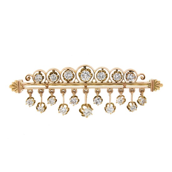 Vintage Victorian Revival 14k Rosy Gold 3.26 ctw Round Diamond Dangle Pin Brooch