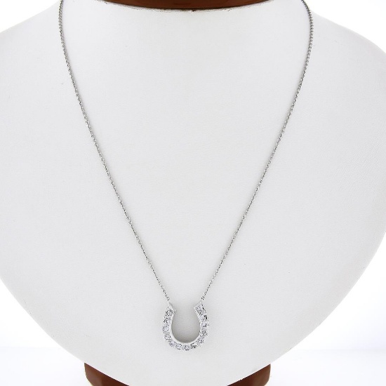 Vintage 14k White Gold .39 ctw Round Pave Diamond Lucky Horseshoe Pendant Neckla