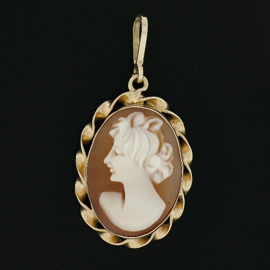 Vintage 14k Gold Bezel Carved Shell Oval Cameo Twisted Wire Frame Charm Pendant