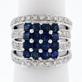 New 18K White Gold 3.15 ctw Calibre Square Sapphire Cluster Quad Row Diamond Rin