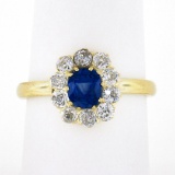 Vintage 14k Yellow Gold GIA NO HEAT Cushion Sapphire w/ Diamond Flower Halo Ring