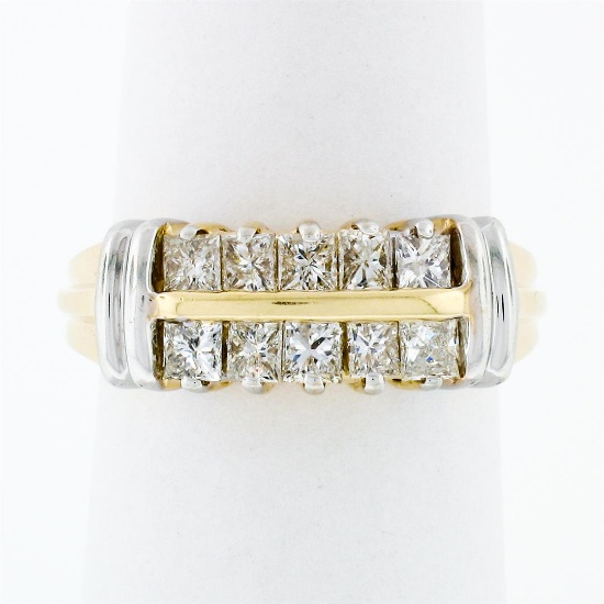 Modern 14k TT Gold 1.10 ctw Princess Cut Diamond 7.40mm Wide Dual Row Band Ring