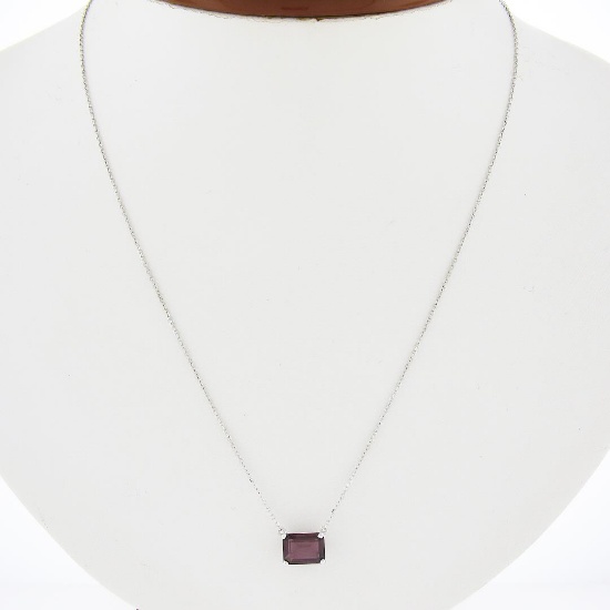 NEW 14k White Gold 1.50 ctw Rectangular Step Cut Garnet Solitaire Pendant Neckla