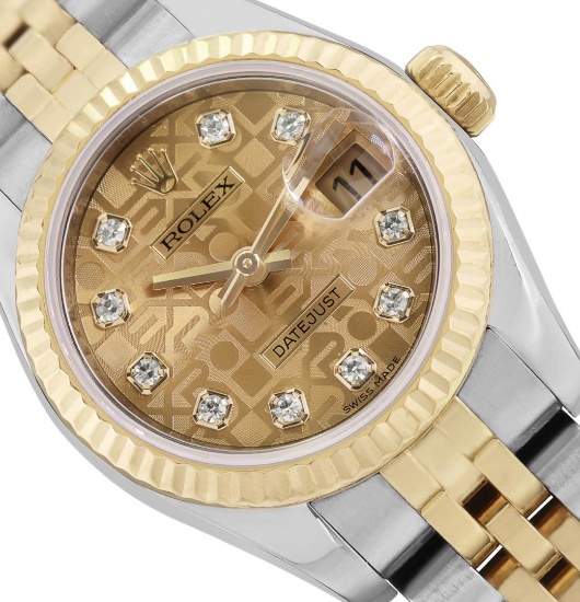 Rolex Ladies Quickset 18K Two Tone Factory Diamond Dial Datejust With Rolex Box