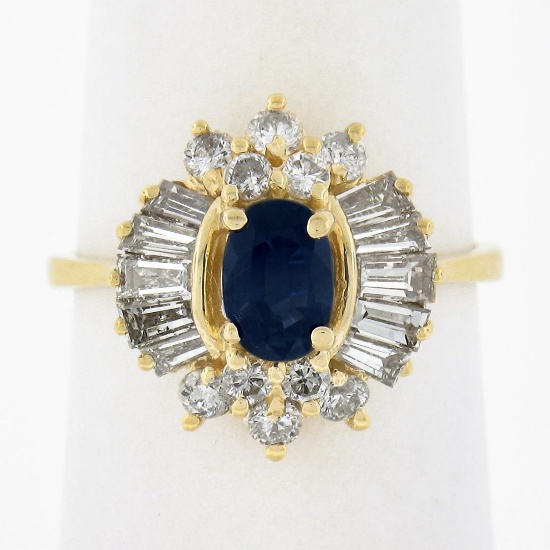 Estate 14k Gold 1.84 ctw Oval Sapphire & Baguette Diamond Ballerina Cocktail Rin