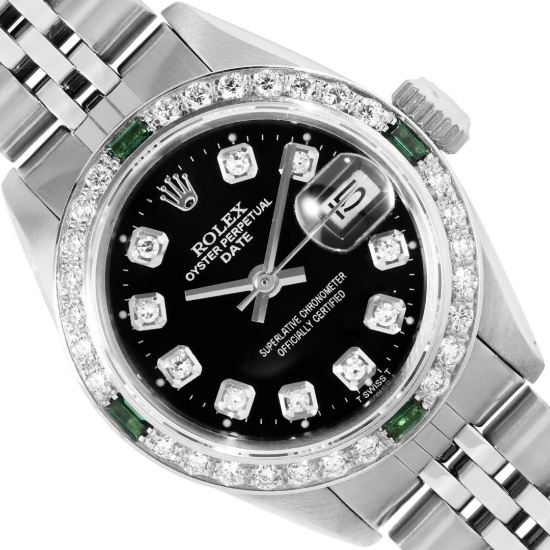 Rolex Ladies Stainless Steel Black Diamond And Emerald Date Wristwatch 26MM