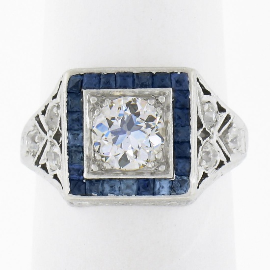 Antique Art Deco Platinum 1.42 ctw European Diamond & Sapphire Engagement Ring