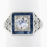 Antique Art Deco Platinum 1.42 ctw European Diamond & Sapphire Engagement Ring