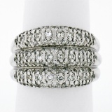 Vintage .900 Platinum 1.30 ctw Pave Diamond Wide Domed Triple Stacked Band Ring