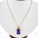 14k Yellow Gold Large Emerald Cut Amethyst w/ Diamond Bow Ribbon Pendant & Chain