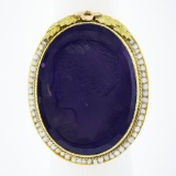 14k Gold Left Facing Amethyst Cameo Ring w/ Seed Pearl Filigree & Floral Frame