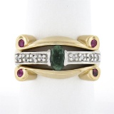 14K TT Gold.92 ctw Oval Sapphire Solitaire Diamond Ruby Sideways Scroll Band Rin