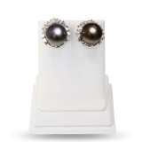 13.0mm Black Tahitian Cultured Pearl and 1.68 ctw Diamond 14K White Gold Earring