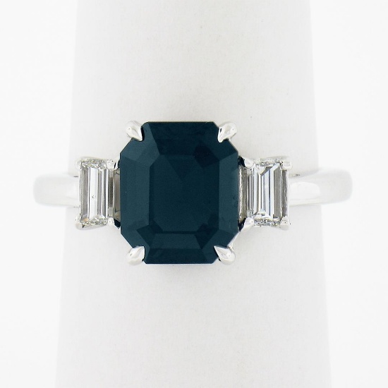 Platinum GIA Octagonal Greenish Blue NO HEAT Sapphire & Diamond 3 Stone Ring