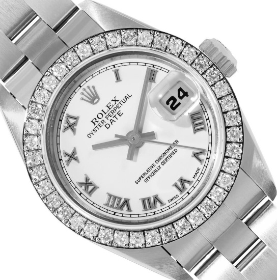 Rolex Ladies Quickset Sapphire Stainless Steel White Roman Dial Diamond Bezel Da