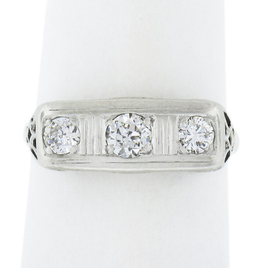 Antique Edwardian Platinum & 14K Gold 0.35 ctw Diamond Filigree 3 Stone Band Rin
