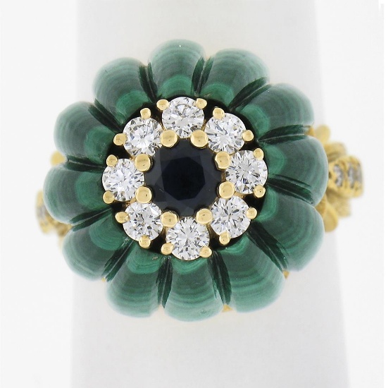 Vintage 18k Yellow Gold Carved Malachite w/ Diamond & Sapphire Statement Ring