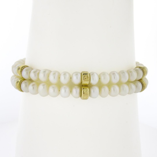 7" Dual Row Round Cultured Pearl Strand Bracelet w/ 14k Gold Clasp & Bar Spacers