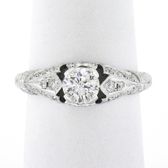 New 14k White Gold.85 ctw Round Diamond Milgrain & Wheat Engraved Engagement Rin
