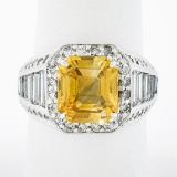 Vintage 18K White Gold 6.95 ctw GIA Orangy Yellow Sapphire & Diamond Cocktail Ri