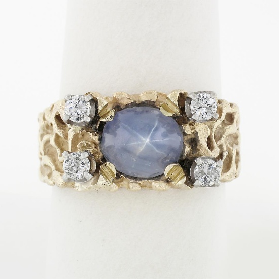 Unisex Vintage 14K Yellow Gold Oval Cabochon Star Sapphire & Diamond Nugget Ring