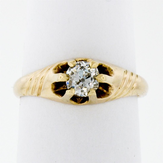 Antique Victorian 14K Gold.40 ctw Cushion Old Mine Diamond Belcher Solitaire Rin