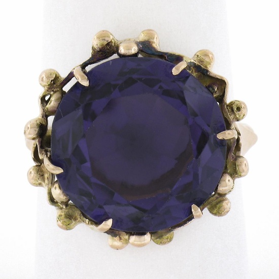 Vintage 12k Gold 15mm Round Synthetic Purple Stone Solitaire Ring w/ Bead Frame